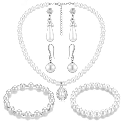 Glenmal Pearl Rhinestone Jewelry Set for Women Pearl Necklace Bracelet Earrings for Wedding Halloween Bridal Shower Tea Party - style: Refined Style