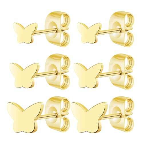 Screw on Earring Backs for Women,Hypoallergenic Surgical Steel Stud Earrings Ball Star Circle Simple Geometric Cartilage Helix Flat Back Piercing Earrings - color: 3Pairs,Gold,Butterfly(3-5mm)