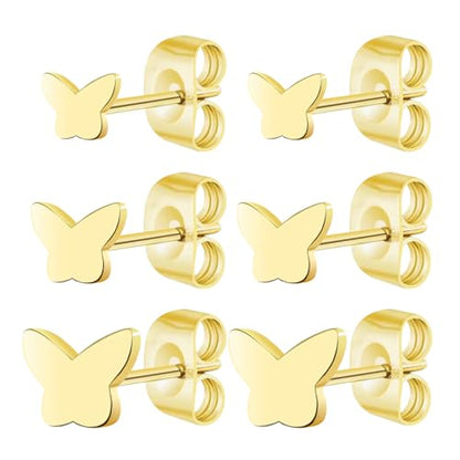 Screw on Earring Backs for Women,Hypoallergenic Surgical Steel Stud Earrings Ball Star Circle Simple Geometric Cartilage Helix Flat Back Piercing Earrings - color: 3Pairs,Gold,Butterfly(3-5mm)