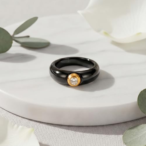 Women's Ceramic Wedding Band & Engagement Ring, Black/White - color: Black&Gold