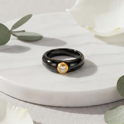 Women's Ceramic Wedding Band & Engagement Ring, Black/White - color: Black&Silver