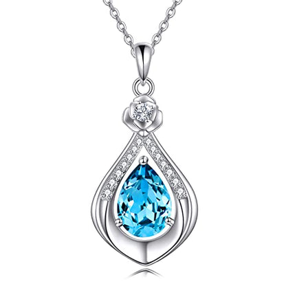 VONALA Sterling Silver Necklace Moss Agate/Turquoise/Larimar/Aquamarine/Opal/Black Onyx/Rose Quartz/Moonstone Pendant Teardrop Necklace Jewelry Gift for Women - style: Aquamarine