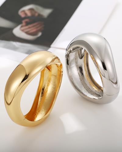 Bangle Bracelets for Women | 14K Gold Plated Trendy Wide Bracelets | Hinged Arm Cuff Bangles Chunky Bracelet for Women - color: Style D-Gold Plated Bangles