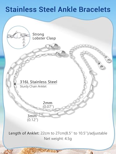 PROSTEEL Ankle Bracelets for Women, Silver/Gold/Black, Waterproof Anklets | Waterproof, Stainless Steel, Summer Beach Jewelry, Durable & No Tarnish, Come with Gift Box, 8-10.5" Adjustable, Plus Size - color: K: silver-paperclip chain(2pcs)