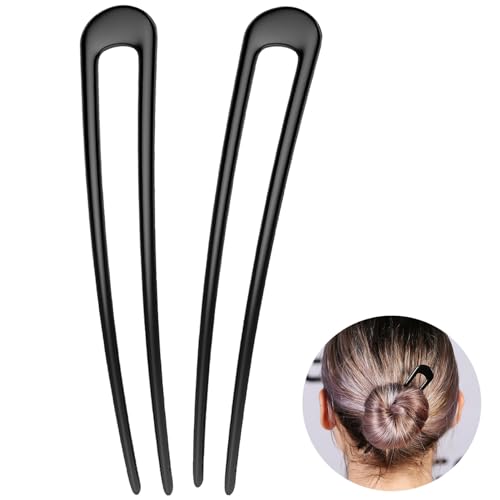 HYFEEL French Hair Pins Metal Hair Fork U Shaped Extra Long Chignon 2 Prong Sticks for Women Hair Accessories (Black- 2 Pieces) - color: Black - 2 Pieces