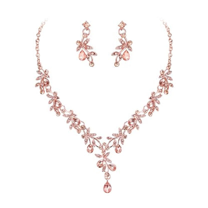 BriLove Wedding Jewelry Set for Women Bride, Y-Necklace Dangle Earrings Crystal Teardrop Leaf Flower Cluster Bridal Bridesmaid - color: 12-Peach