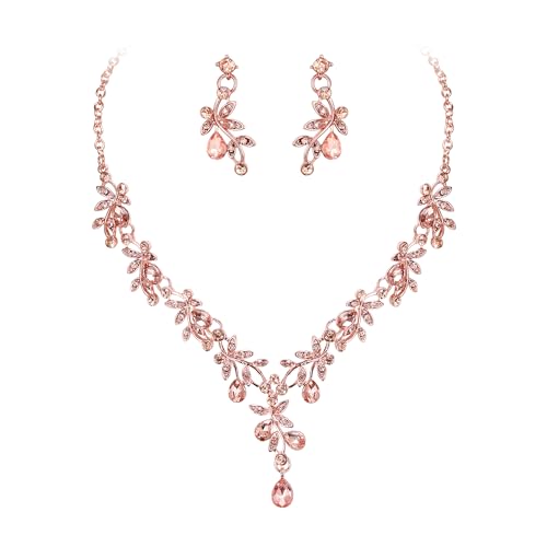 BriLove Wedding Jewelry Set for Women Bride, Y-Necklace Dangle Earrings Crystal Teardrop Leaf Flower Cluster Bridal Bridesmaid - color: 12-Peach