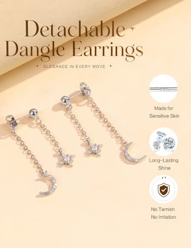 Pearl Dangle Stud Earrings for Women, 925 Sterling Silver Post Drop Earring | Trendy Detachable Chain Earrings, CZ Flower Stud Earrings, Hypoallergenic Wedding Statement Jewelry for Brides - color: Silver 3
