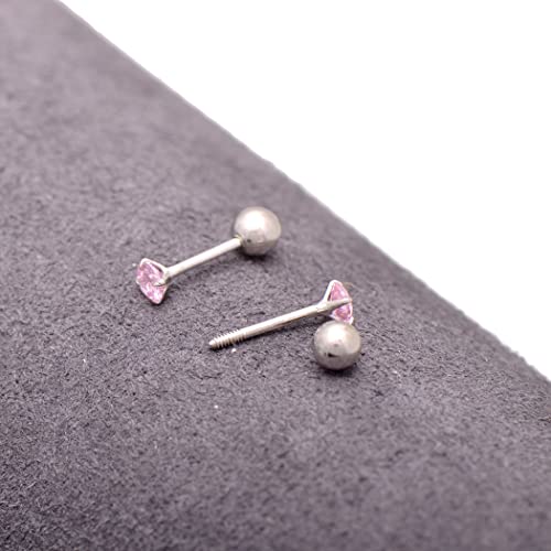 Screw Back Sterling Silver Cubic Zirconia Earrings Studs 3 MM - color: Pink