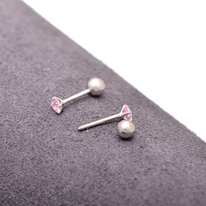 Screw Back Sterling Silver Cubic Zirconia Earrings Studs 3 MM - color: Pink