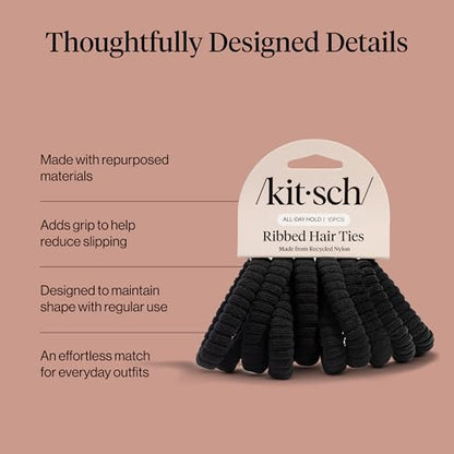 Kitsch Ribbed Hair Ties No Damage - Black, 10pcs | Strong, Stretchy & Snag-Free Hair Bands – Soft Fabric Ponytail Holders, Stylish Elastics for Everyday Hairstyles - color: Black Ribbed (Pack of 10)