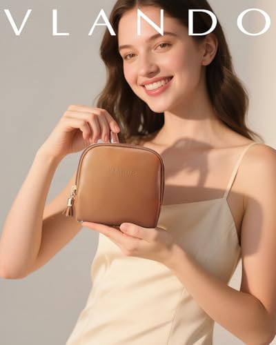 VLANDO Small Travel Jewelry Case,Velvet Pouch Bags with Zipper,Brown | Travel Essentials,PU Leather Organizer with 5 Divided Sections,Carry-On Totes,Gift for Birthday,Bride,Bridesmaid,Women,Girls - color: A.Brown