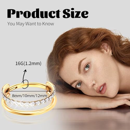 G23 Titanium Conch Piercing Jewelry Hoop: 16G 8mm/10mm/12mm Diamond Cartilage Earring Helix Double Piercing Hoop Septum Rings Hypoallergenic Nose Rings Hinged Segment Clicker Lip Rings Rook Daith Tragus Earrings - color: Gold-Double Layers, One Row CZ