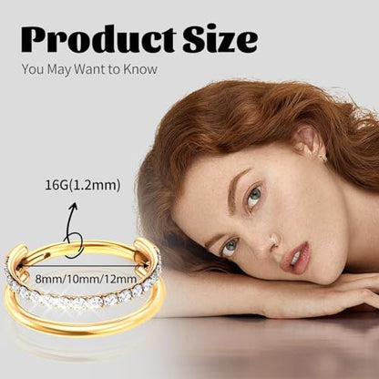 G23 Titanium Conch Piercing Jewelry Hoop: 16G 8mm/10mm/12mm Diamond Cartilage Earring Helix Double Piercing Hoop Septum Rings Hypoallergenic Nose Rings Hinged Segment Clicker Lip Rings Rook Daith Tragus Earrings - color: Gold-Double Layers, One Row CZ
