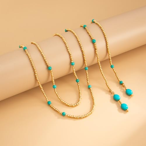 Green Beaded Lariat Necklace with Baroque Pearl Drops – Adjustable Wrap Y Style Jewelry, Beach and Bohemian Outfit Accessory for Women - color: Gold Turquoise