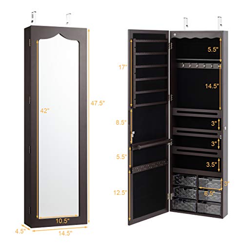 CHARMAID Jewelry Cabinet Armoire, Wall Mount Door Hanging, Lockable Jewelry Organizer with 47.5'' Full Length Mirror, 5 Lights, Large Jewelry Storage Box with 6 Acrylic Drawers (Brown)