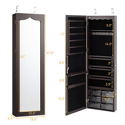 CHARMAID Jewelry Cabinet Armoire, Wall Mount Door Hanging, Lockable Jewelry Organizer with 47.5'' Full Length Mirror, 5 Lights, Large Jewelry Storage Box with 6 Acrylic Drawers (Brown)
