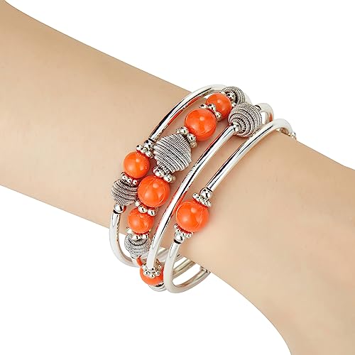 PEARL&CLUB Beaded Chakra Bangle Turquoise Bracelet - Fashion Jewelry Wrap Bracelet with Thick Silver Metal and Mala Beads, Birthday Gifts For Women - color: Orange