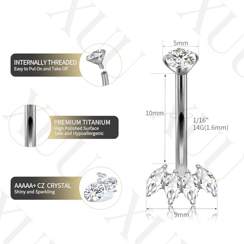 XUU Titanium Belly Button Rings 14G, Implant-Grade Navel Piercing, Luxury CZ Shape with Flower Butterfly, Hypoallergenic Curved Barbell Jewelry for Women, Gold or Silver - style: Marquise-Silver