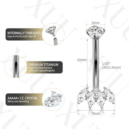 XUU Titanium Belly Button Rings 14G, Implant-Grade Navel Piercing, Luxury CZ Shape with Flower Butterfly, Hypoallergenic Curved Barbell Jewelry for Women, Gold or Silver - style: Marquise-Silver