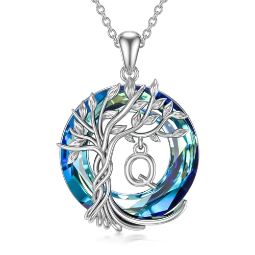 TOUPOP Gifts for Women Tree of Life Initial Necklace 925 Sterling Silver Letter Pendant with Blue Crystal Birthday Jewelry Gifts for Women Her Mom Wife Daughter - color: Tree of Life Q Initial