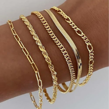 Women's 14K Gold Plated Bracelet Set, Thin Dainty Stackable Chain for Layering, Cuban Link & Paperclip Style Fashion Jewelry, Elegant Gift for Her