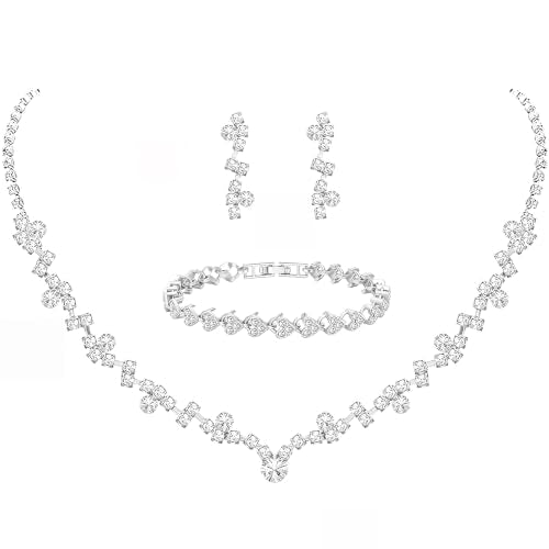 NEWITIN 4 Pieces Crystal Jewelry Set for Women Wedding Costume Accessories | Hypoallergenic, Cubic Zirconia, Necklace Earrings Bracelet, Tennis, Silver Jewelry for Wedding Bride Bridesmaid Party Prom - color: Silver Beauty