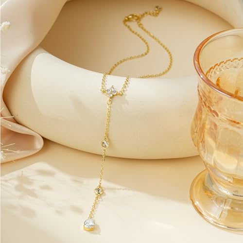 Lariat Gold Necklace for Women, 14K Gold Plated Dainty Drop Y Necklace, Waterproof Non Tarnish Long Layered Beaded Chain Lariat Necklace Prom Jewelry Summer Vacation Gift for Her - color: Gold-6