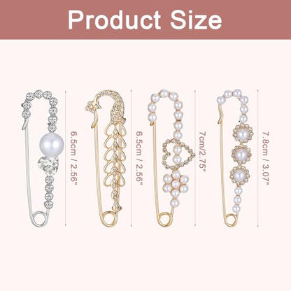 4 PCS Pearl Safety Pins and Brooches for Women | Decorative Safety Pins for Clothes Pearl Brooch Pin Sweater Shawl Clip Crystal Brooches for Clothes Dress Shirt Pants