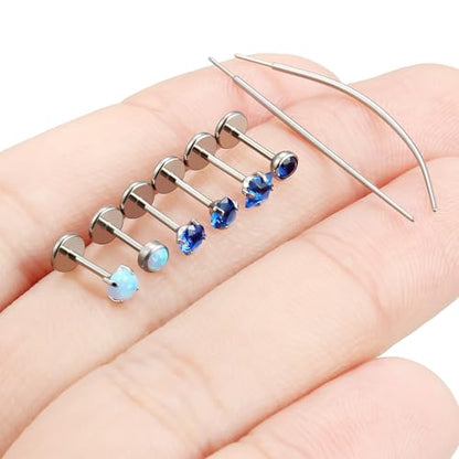 F136 Titanium 20/18/16g Internally Threaded Medusa Monroe Lip Ashley Labret Nose Rings Flat Back Tragus Helix Cartilage Conch Screw Stud Earrings Surgical Steel Piercing Jewelry for Women - color: Blue CZ, size: 20g*1/4in