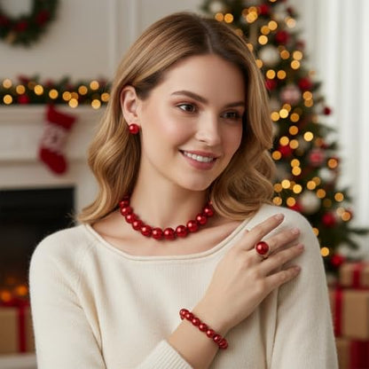 Prom Jewelry Set for Women Pearl Jewelry Sets Pearls Necklace Earrings Bracelet Ring Sets Faux Pearls Bridesmaid Bridal Wedding Prom Outfits Jewelry Sets - color: Dark Red