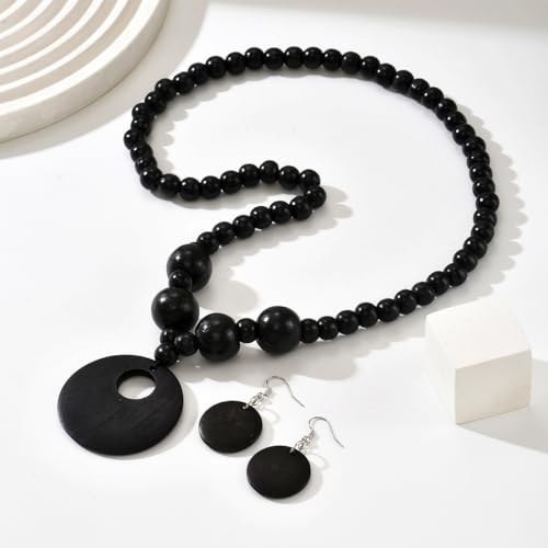 LOTSOF Boho Wooden Beaded Necklace and Earring Set for Women, Bohemian Chunky Statement Costume Jewelry, Round Drop Pendant Retro Ethnic Accessories Ladies Gift - color: Black