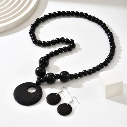 LOTSOF Boho Wooden Beaded Necklace and Earring Set for Women, Bohemian Chunky Statement Costume Jewelry, Round Drop Pendant Retro Ethnic Accessories Ladies Gift - color: Black