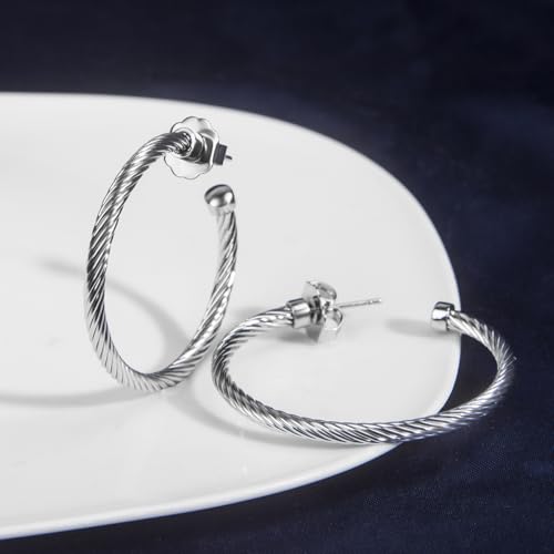 Inspired Designer Twisted Hoop Earrings for Women Fashion Jewelry Cable Wire Half Hoop Earrings for Women Gift - color: Large Hoop - Silver
