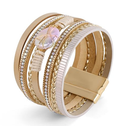 Wrapped Bracelets for Women,Leather Boho Bracelets for Women - color: Shell-Khaki