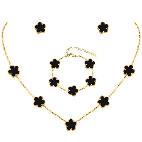 Gold Necklaces Bracelets Earring Set - 18K Gold Plated Flower Bracelet Chain,Stainless Steel Non Tarnish Floral Pendant Stud Jewelry Sets,Christmas Birthday Lucky Gift for Mom Wife Daughter Girlfriend - color: Black