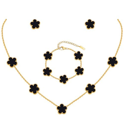 Gold Necklaces Bracelets Earring Set - 18K Gold Plated Flower Bracelet Chain,Stainless Steel Non Tarnish Floral Pendant Stud Jewelry Sets,Christmas Birthday Lucky Gift for Mom Wife Daughter Girlfriend - color: Black