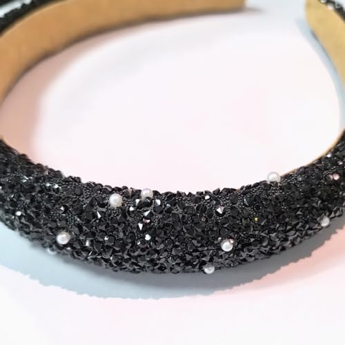 Glitter Crystal Headband for Women Sparkly Bling Diamond Headband Wide Hairband Sparkle Beaded Crystal Headband Thick Padded Headband for Party Non Slip Glitter Hair Hoop (Black, L) - color: Black