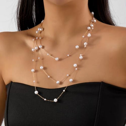 Long Layered Pearl Necklace for Women Big Large Beaded Statement Charm Necklace,Strand Multiple Strand Pearl Choker, Shirt & Sweater Wedding Party Jewelry Gifts - color: Pearl-Three