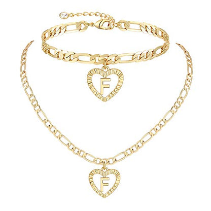 YANODA Gold Initial Pendant Necklace Anklet Bracelet for Women 14K Gold Plated Figaro Chain Letter Initial Heart Necklace Anklets Alphabet Foot Jewelry Personalized Jewelry for Women - style: F