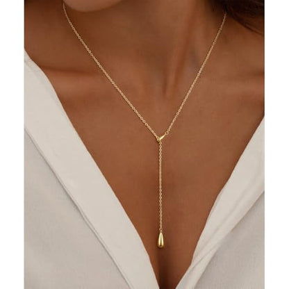 Lariat Gold Necklace for Women, 14K Gold Plated Dainty Drop Y Necklace, Waterproof Non Tarnish Long Layered Beaded Chain Lariat Necklace Prom Jewelry Summer Vacation Gift for Her - color: Gold-4