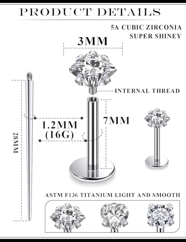 20G 18G 16G Astm F136 Titanium Internal Thread Flat Back Earrings Nose Studs Tragus Helix Conch Cartilage Lobe Earrings Medusa Labret Snake Bite Monroe Lip Ring Piercing Jewelry For Women Men - color: Clear, size: 16G-7MM Bar-CZ 3MM
