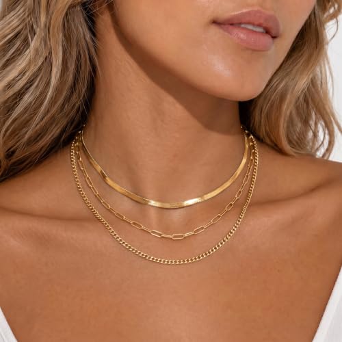 Tewiky Layered Necklaces for Women 14k Gold Plated Chain Necklace Set | Chunky Herringbone/Snake/Rope/Box/Cuban Link Chain for Women, Layering Stack Choker Necklace, Dainty Jewelry Set Non Tarnish - color: Gold--style K