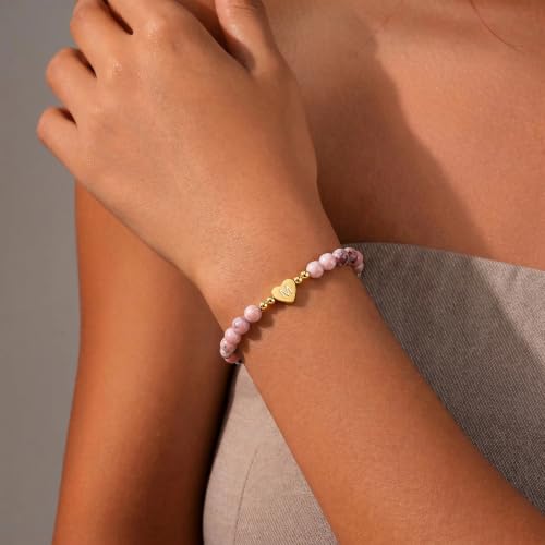 Ritach Initial Bracelets for Girls Kids - Pink Zebra Natural Stone Disc/Heart Initial Bracelet Adjustable Gold/Silver Beaded Bracelets for Girls Kids Teen Girl Jewelry Birthday Gifts - color: G-Heart