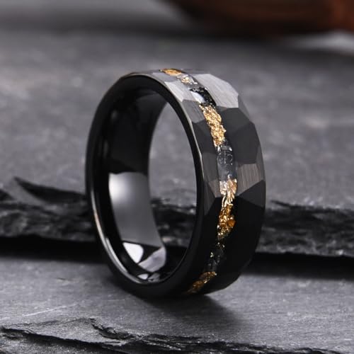 Black/gold Tungsten Carbide Rings for Men Men's Wedding band | 8mm Hammered Engagement rings Matte Brushed inlaid Gold Foil Meteorite Fragments Fashion and Comfortable fit - color: 8mm black