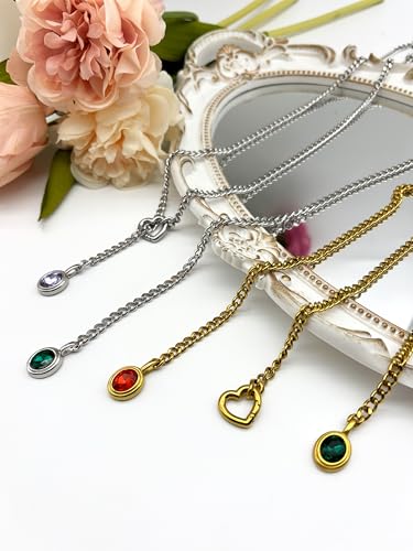 Heart Slip Chain Necklace for Women, Cuban Chain with Removable Heart O-Ring and Crystal Pendant, Adjustable Y Lariat Necklace - color: Gold-Green-27