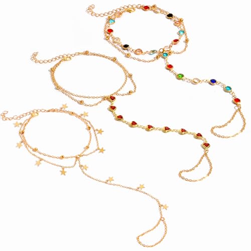 Golden-Tone Link Chain Anklet and Toe Ring Jewelry set for women | Adjustable Link Chain Anklets Jewelry set Colorful Crystal Charms, Star and Heart Accents Summer Beach Boho Foot Jewelry - color: Gold