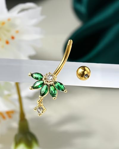 Lotus Belly Button Rings, 14G Dangle Belly Navel Rings for Women, Stainless Steel Belly Navel Piercing Jewelry - color: YGGR-10MM