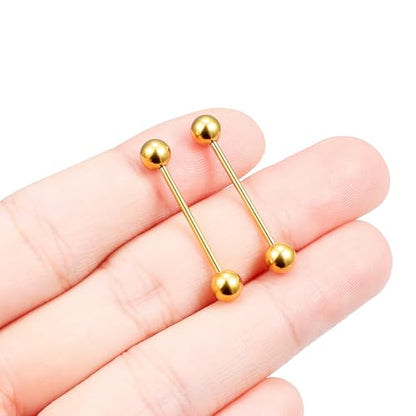 16G 14G Surgical Steel Tongue Rings Nipple Rings Industrial Piercing Jewelry Set Multi Size Straight Barbells 12mm 14mm 16mm 19mm 22mm 28mm 32mm 35mm 38mm 40mm 45mm for Women Men - color: goldtone, size: 16g,bar length 19mm