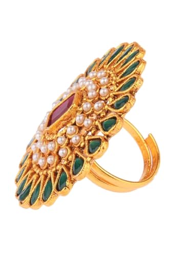 Efulgenz Indian Jewelry Ring Round Faux Pearl Crystal Adjustable Big Finger - color: Green